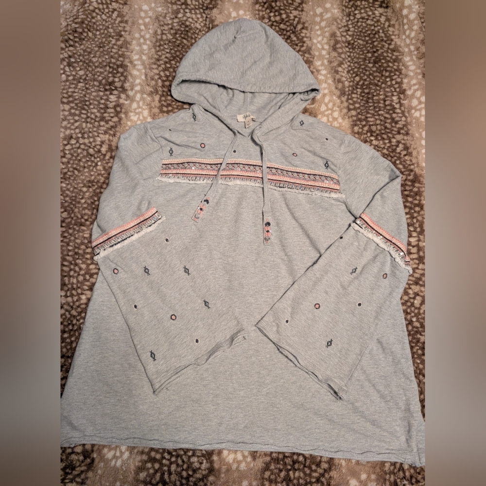 Style & Co. Embellished Embroidered Boho Grey Hoodie Bell Sleeve Sequin XL
